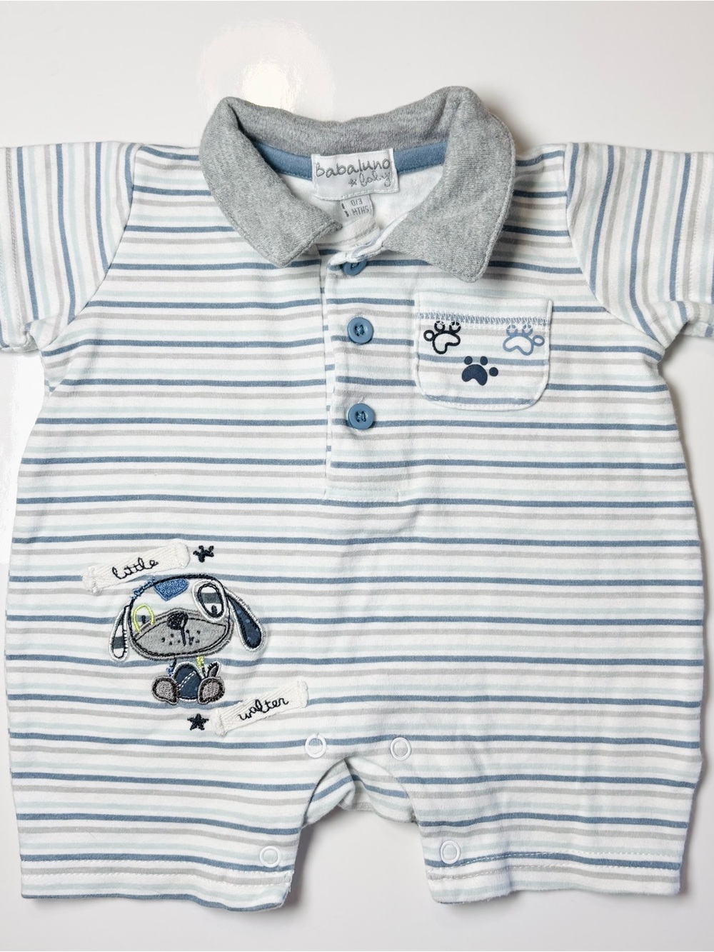Babaluno Baby Striped Polo Romper Paw Print 0-3M Embroidered Dog Summer
